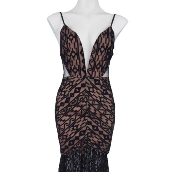 Luxxel Floor length Body Con Low cut, Sheer Evening Gown, Black, Small - Picture 2 of 16